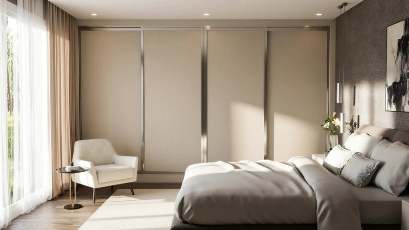 Winchester Panel Sliding Wardrobe in London, Full Panel door layout: cashmere panel doors with champagne profiles, made to measure by Metro Home Interiors