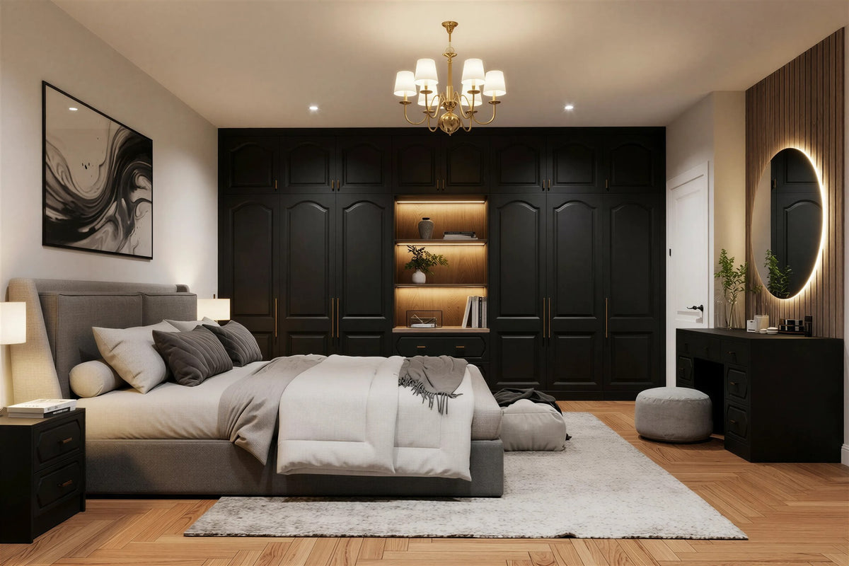Traditional Fitted Wardrobe — arched Windsor doors in near-black with brass