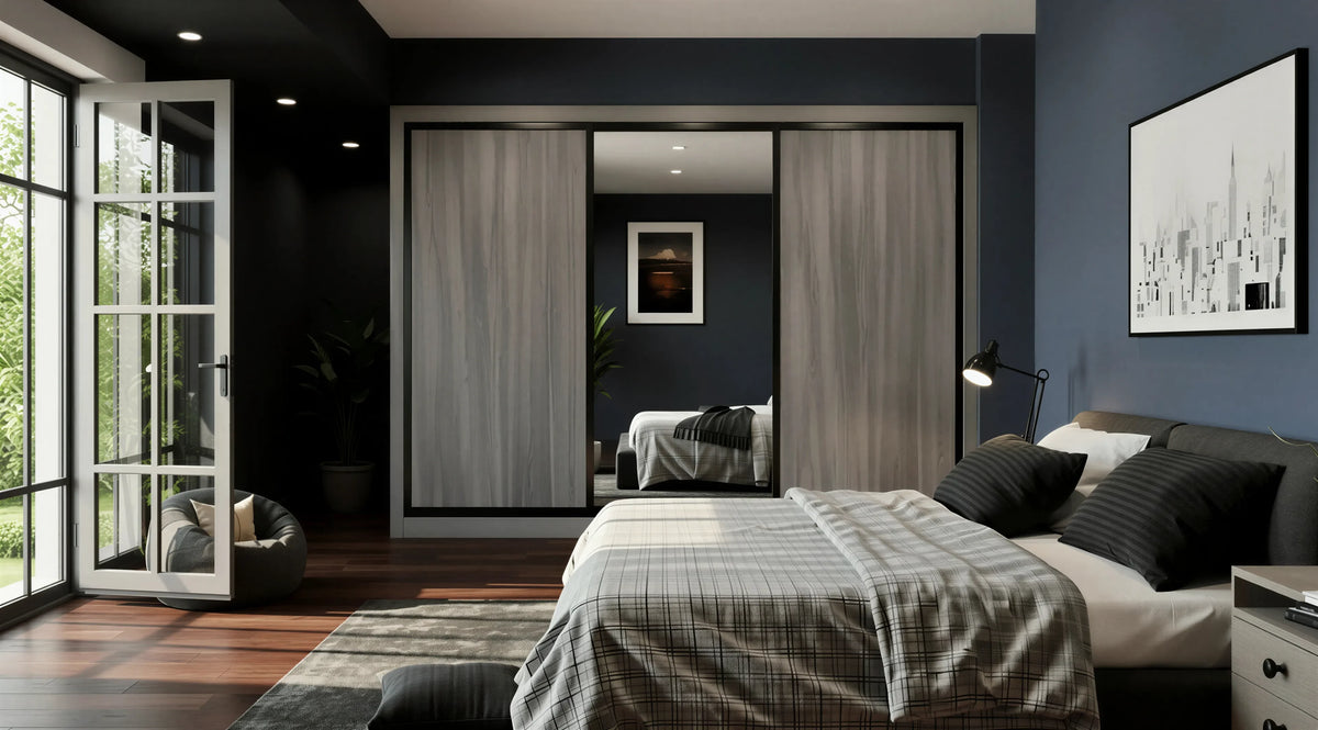 Windsor Woodgrain Sliding Wardrobe with Grey Oak woodgrain doors, centre silver mirror panel, black aluminium profiles and soft-close sliding system by Metro Home Interiors in London.