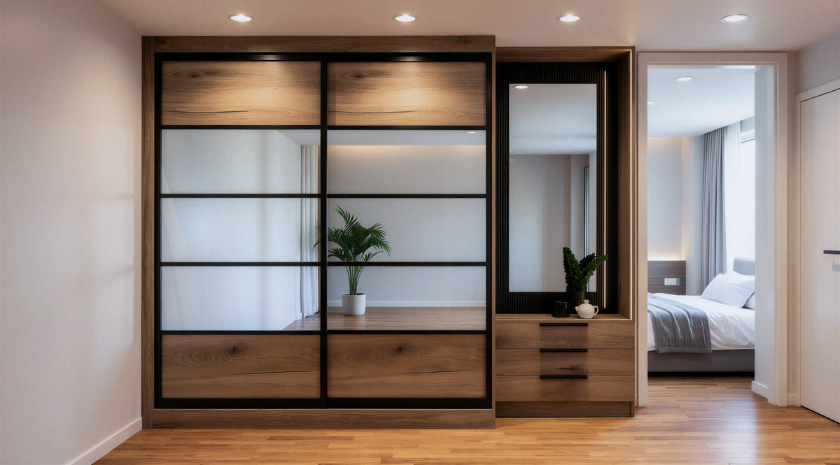 York Sliding Wardrobe in Walnut Woodgrain with Frosted Mirror Glass Panels, framed sliding doors, integrated aluminium profiles and soft-close sliding mechanism by Metro Home Interiors.